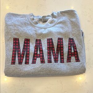 Gray 'MAMA' Crewneck Sweatshirt with Red Plaid Letters